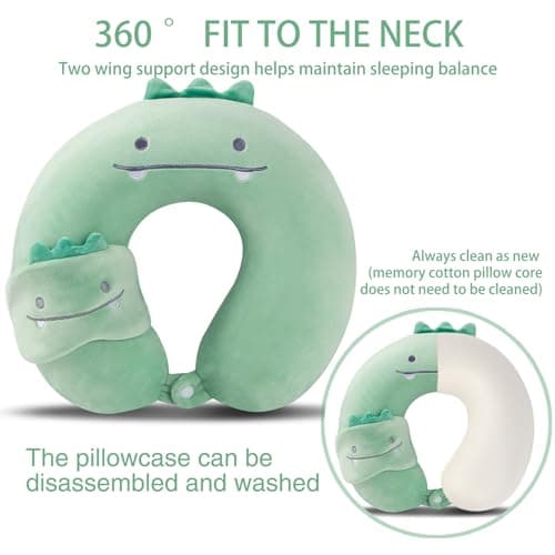 Travel Pillow Kids Travel Pillow with Sleep Eye Mask Cute Neck Pillow for Travel Soft Memory Foam Travel Neck Pillow for Adults and Kids Airplane Sleeping Travel and Camping (green dinosaur) — view 4