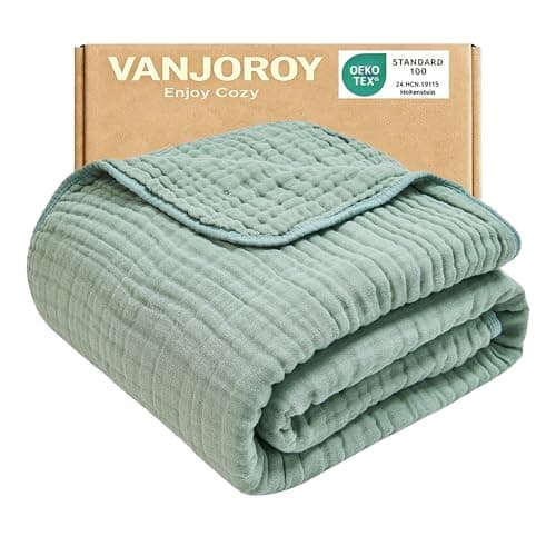 VANJOROY 100% Natural Cotton Throw Blanket, 6-Layer Muslin Organic Soft Cozy Lightweight Large Bed Throw for Sofa and Armchair - All Season Gauze Blanket,Green-130x150cm