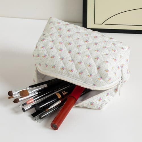 Aucuu 3PCS Coquette Makeup Bag, Quilted Makeup Bag for Women, Floral Cotton Cosmetic Bag Set, Large Capacity Aesthetic Floral Toiletry Bag, Travel Toiletry Bag, Wash Organizer Pouch for Women Girls — view 3