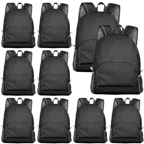 ASMIZ 10 Pack Lightweight Foldable Backpack Bulk, 42cm Black Packable Backpack for Travel, Outdoor Casual Daypack for Schools, Charities, Travel Camping Hiking