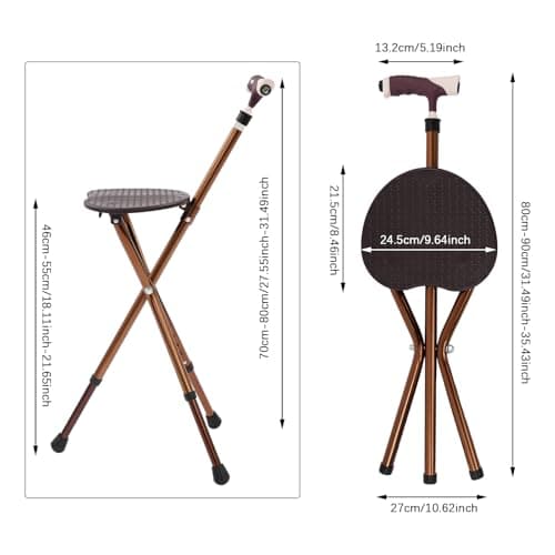 Walking Stick with Seat, Portable Folding Walking Cane with LED Light, Non-slip Rubber Base, 5 Gears Adjustable Height, Max. 330 lbs, 3 Legged Shooting Stick for Seniors Travel Hiking — view 5