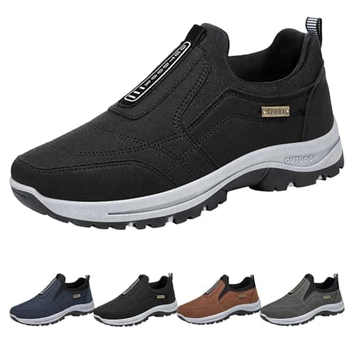 Hiking Shoes Mens Slip on Trainers Orthopedic Walking Shoes with Arch Support Lightweight Mesh Lining Hiking Shoe Wide Fit Outdoor Sneakers for Outdoor Trekking Camping Walking Black