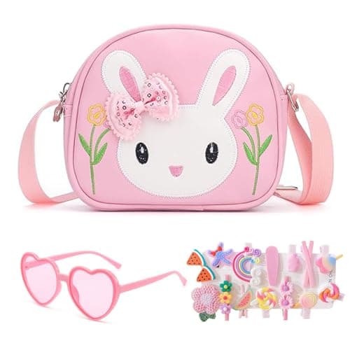 Little Girls Handbag Set, Adorable Rabbit Crossbody Bag with Heart-Shaped Sunglasses and 14 Bow Hair Clips, Cute Rabbit Girls' Shoulder Bags with Adjustable Strap for Birthday Gifts and Toys(Pink)