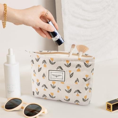 Aucuu Cosmetic Bags, 2 Pcs Small Floral Canvas Cosmetic Bag, Rose Flower Printing Corduroy Toiletry Bag, Multifunctional Travel Makeup Bag with Metal Zipper for Women Girls Gift — view 5