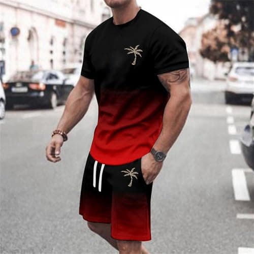 Men Sport Outfit, Athletic Casual Activewear, Olive Grey Tee and Shorts Set, Lightweight Summer Gym Travel Styling, Weekend Errands, Summer Exercise Wear, Simple Pull on Shape (Red, L) — view 3
