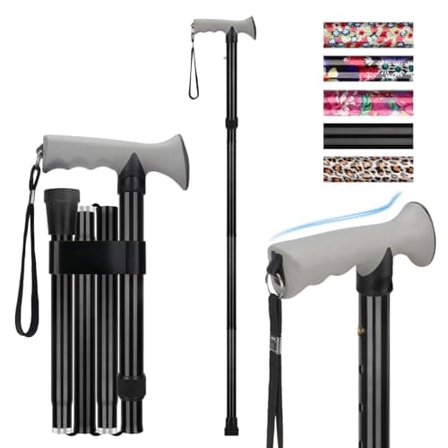 supregear Folding Walking Stick, Adjustable Height Foldable Collapsible Lightweight Portable Travel cane with Soft Handle, Walking Aid for Elderly Disabled Men Women, Black
