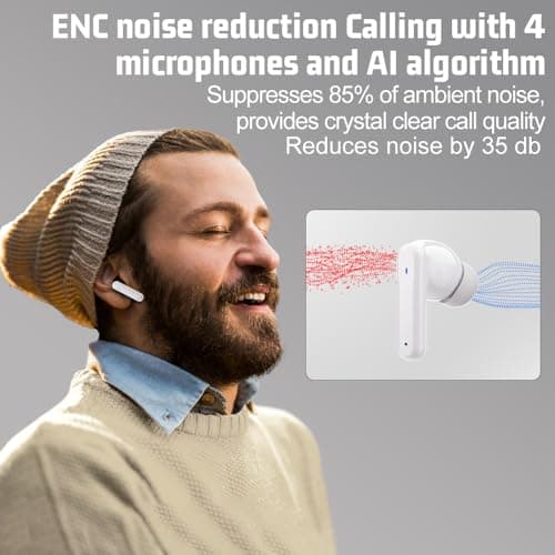 JBMI Wireless Earbuds Bluetooth Earphones, 60H Deep Bass Ear Buds with 4 Noise Cancelling Microphone, IPX5 Waterproof in Ear Headphones for iPhone Android Sports Gaming Usb C (Pearl) — view 2
