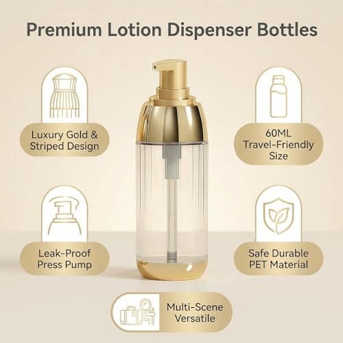 Upstore 2 Pcs 60ml 2oz Clear Plastic Lotion Bottles with Gold Pump Leak Proof Refillable Travel Dispenser Empty Cosmetic Containers for Shampoo Liquid Soap Foundation Essential Oils — view 4