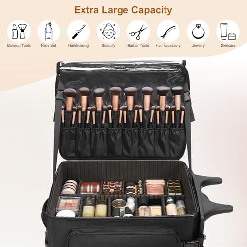 Relavel Rolling Makeup Train Case with 2 Big Wheels, Professional Makeup Artist Backpack with Adjustable Dividers & 4 Small Bags, Portable Make Up Travel Organizer Makeup Case for Daily Use, Black — view 4