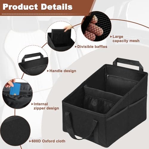 Car Back Seat Organiser with Mesh Pockets & Dual Handles, 2 Compartments Multi-Functional Large Capacity Foldable Cars Boot Tool, Sturdy Oxford Fabric Toys Storage Box Essentials for Kids & Women — view 3