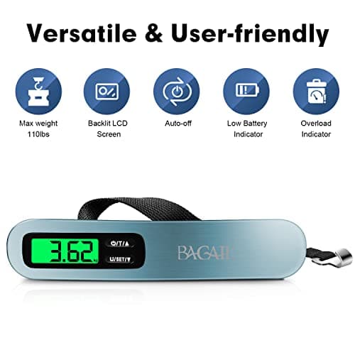 BAGAIL Digital Luggage Scale, Hanging Baggage Scale with Backlit LCD Display, Travel Weight Scale, Portable Suitcase Weighing Scale with Hook, 110lb/50kg Capacity, Battery Included - Blue — view 6