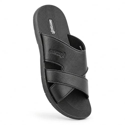 ShuCentre Aerosoft Mens Comfort Leather Look Summer Holiday Walking Flip Flops Slip On Mules Sandals (Black, UK Footwear Size System, Adult, Men, Numeric, Medium, 10)