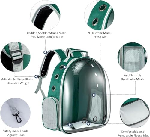 LN COZY CORNER Transparent Bubble Cat Backpack –Space Capsule Pet Carrier Backpack with Hard‑Shell Dome, Breathable Mesh & Padded Straps – Hands‑Free Travel Cat Bag Carrier (Green) — view 3
