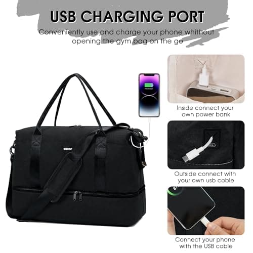 WANDF Cabin Bag 45x36x20 for Easyjet Airlines Underseat Travel Bag with with USB Charging Port, Wet Pocket & Shoes Compartment Carry on Hand Luggage Weekend Bag for Women and Men (Black) — view 5