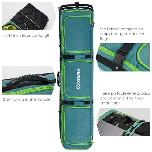 XCMAN Padded Snowboard Bag with Wheels,Adjustable Length 63-75In,Padded Bag for Air Traveling,Loading Capacity 100L… (Green) — view 4