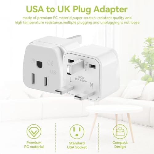 2-Pack US to UK Plug Adapter,SHUOMAO 2/3 Pin USA to 3 Pin UK Plug Adaptor — view 3