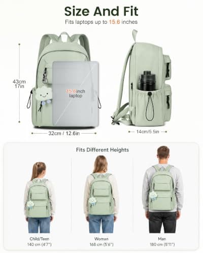 FIORETTO Backpack Womens School Bag Girls Boys, Lightweight Water-Resistant Fits 15.6” Laptop Large Capacity Rucksack with Anti-Theft Pocket, Ideal for School College Commuting Travel Sage Green — view 6