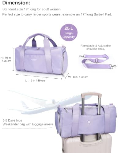 Gym Bag for Women,Pu Leather Handle,Dry Wet Separated with Shoe Compartment & Wet Pocket,Waterproof Duffle Bag for Travel Sports Fitness Workout Athletic (Purple, 19"-Medium) — view 2