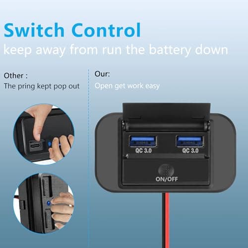 CERRXIAN 12V/24V RV USB Outlet Panel Wall Mount, 36W Dual Quick Charge QC3.0 USB-A Port Car Charger Socket with Button Switch, Waterproof Quick Charger Multi Port Power Adapter (Dual USB A) — view 2