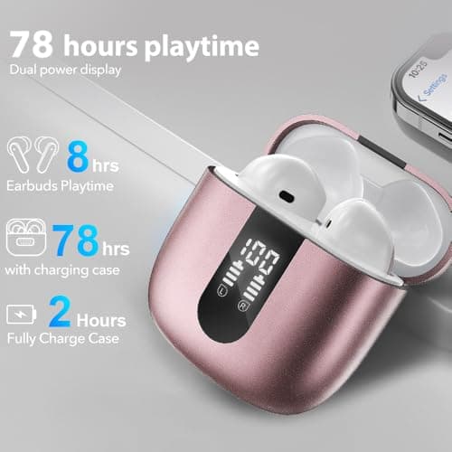 JBES Wireless Earbuds Bluetooth Earphones, 60H Deep Bass Ear Buds with 6 Noise Cancelling Microphone, IP5 Waterproof in Ear Headphones (Rose Gold) — view 3