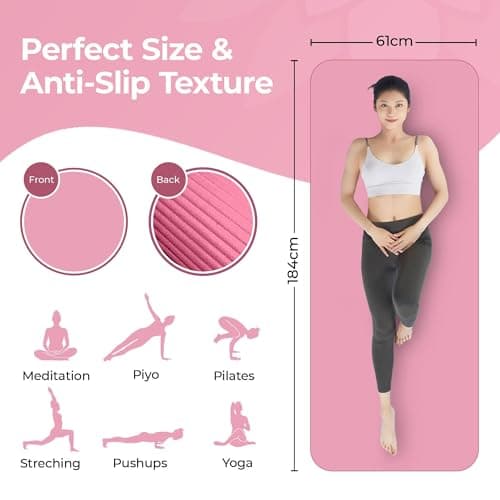 HH Home Hut Non-Slip Yoga Mat - Premium Gym Fitness Exercise Mat for Yoga, Pilates and Workout for Women and Men - Durable Foam Equipment Floor Mat with Carry Strap - Pink Thick 8mm - 183 x 61cm — view 3