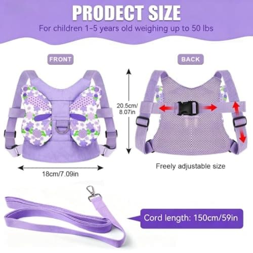EYWILYWI Baby Walking Harness Toddler Reins, Anti-Fall & Anti-Lost Children's Reins with Detachable Safety Rein & Sparkle Butterfly Wings, Baby Reins for 1-3 Years (Purple) (Purple) — view 2