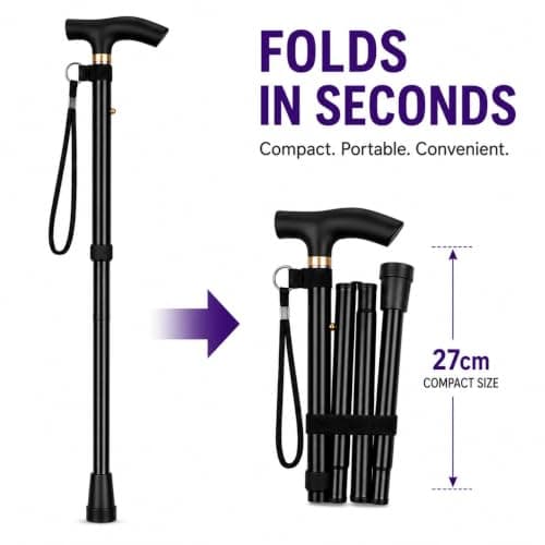 Folding Walking Stick for Men & Women, Adjustable Height Ergonomic T Handle with Wrist Strap, Lightweight Portable Mobility-Aid, Aluminium Walking Cane for Travel, Elderly & Daily Use (BLACK) — view 3