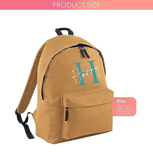 Print Maniacs Personalised Any Name Large 18L Kids Travel Backpack Junior Shoulder Collage Rucksack School Lunch Swimming P.E Laptop Book Bag (Caramel, Teal/White) — view 2