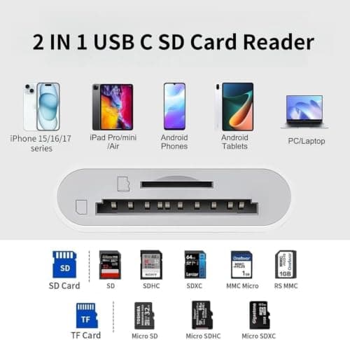 USB C SD Card Reader, Type C Memory Card Reader Trail Camera Viewer with Dual Slot, USB C to SD Card Adapter for iPhone 17/16/15 Series, iPad, MacBook Pro/Air and More Type-C Devices, Plug and Play — view 2