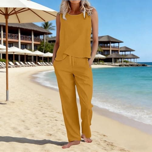Ladies Travel Outfits Coord Sets for Women Uk Summer 2 Piece Cotton Linen Airport Outfit Sleeveless Womens Tank Tops Wide Leg Trousers Casual Travel Beach Holiday Clothes Lounge Wear Set Gold M — view 3