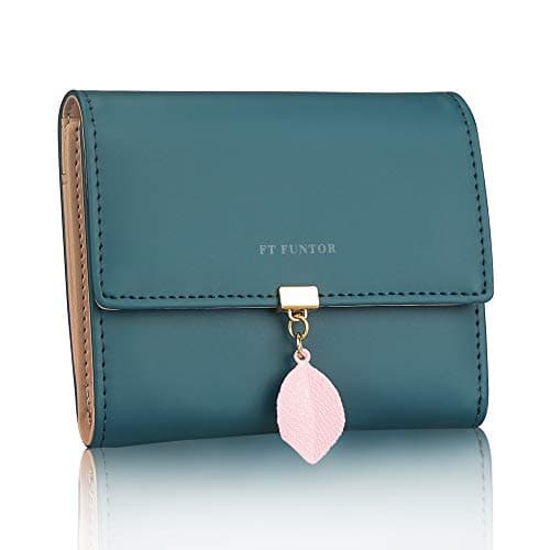 FT FUNTOR PU Leather Wallet for Women RFID-Blocking, Ladies Bifold Leaf Pendant Coin Zipper Small Purse with 5 Card Slots and 1 ID Window Card Holder Organizer(S-Teal Blue)