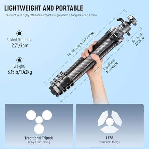 NEEWER LITETRIP LT38 61" Travel Tripod Carbon Fiber for Camera, 360° Pan Tilt Low Profile Ball Head, Flexible Center Axis, Arca QR Plate Compatible with Peak Design Tripod Clip V3, Max Load 22lb — view 2