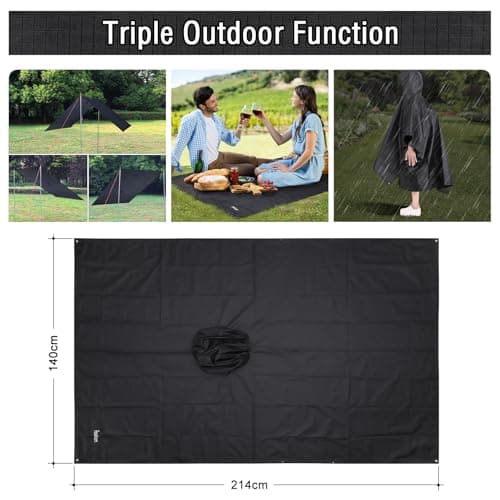 Azeekoom Rain Jacket Rain Poncho, Raincoat Waterproof Unisex Camping Tent Camping Blanket 3-in-1 Multifunctional Rain Cape for Outdoor Picnic Trekking Camping Fishing Hunting Trip(Black) — view 3