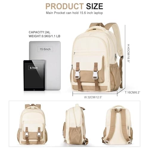 HYC00 School Bags for Girls Boys Secondary High Middle School Backpack Womens Casual Daypack 14 Inch Laptop Rucksack Backpack for Travel College Work Bookbags for Teens Girls Schoolbag, Beige Khaki — view 2