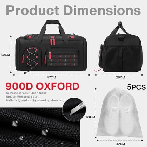 35L Gym Bag with Shoe Compartment, Dry & Wet Separation Overnight Bag-Black — view 6
