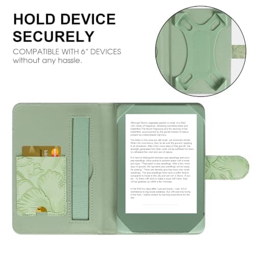 HoYiXi Universal Case for 6-inch Kindle eReader Compatible with Kobo/Voyaga/Pocketbook/Tolino E-book reader,6'' eReader Protective Cover with Built-in Card Slot,Green leaves — view 3