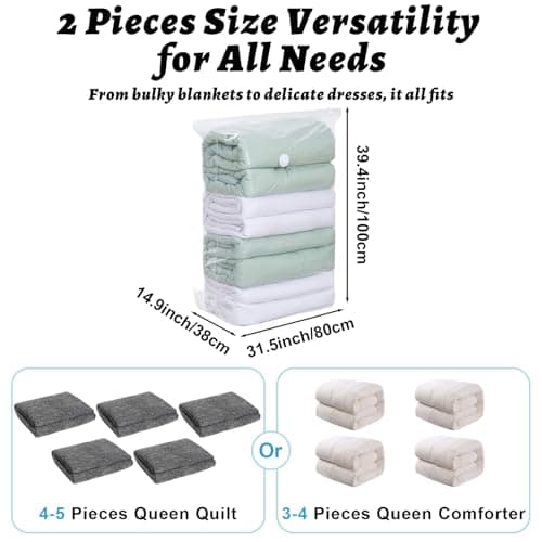 2 Pack Large Vacuum Storage Bags, 100 x 80 cm Vacuum Bags for Travel, White — view 3