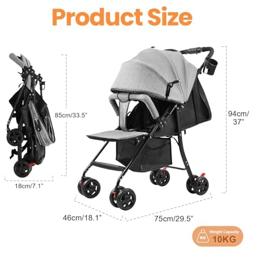 Lightweight Travel Stroller, One-Hand Fold Pushchair with Adjustable Recline & Sun Canopy, Compact Umbrella Stroller for Newborn to Toddler Up to 10kg,Ideal for Air Travel, Shopping & Daily Use Grey L — view 4