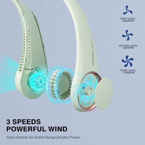 Morelax Neck Fan, Portable Neck Fan,Hands Free Bladeless Mini Fan with 360°Cooling Airflow, 3 Speeds Adjustable,Ultra Quiet Wearable, Suitable for Indoor Outdoor Travel Sports (Green) — view 3