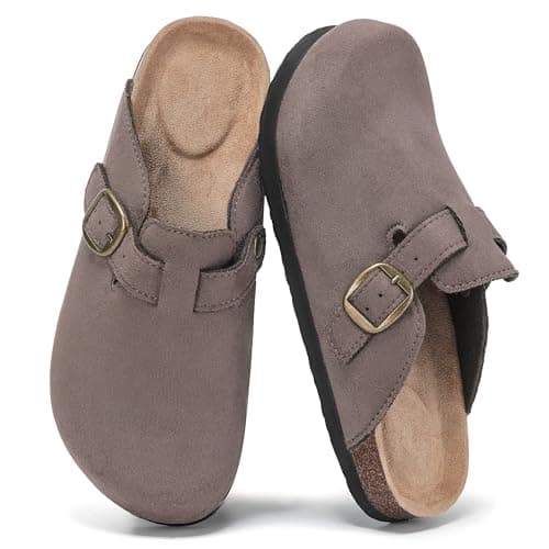 Polar Women’s Slip-On Clogs with Cork Footbed, Faux Suede Upper and Adjustable Strap, Comfortable Indoor Outdoor Casual Shoes - Mocha 7 UK