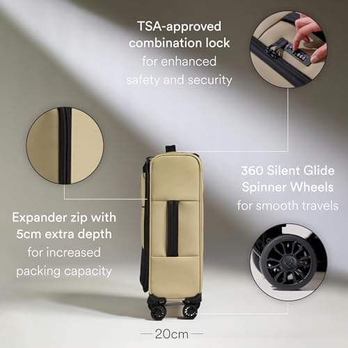 ANTLER - Soft Stripe 2.0 Cabin Suitcase - easyjet Compatible Bag 55x35x20 - Adjustable Handle, 4 Spinner Wheels, Lightweight, TSA Lock - Recycled Polyester Luggage - Sand Yellow — view 3