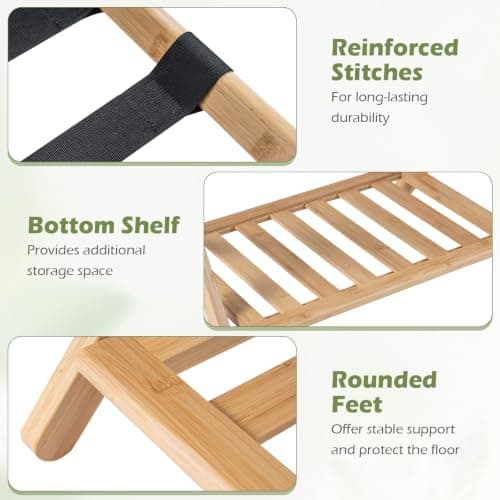 COSTWAY Bamboo Luggage Rack, Folding Suitcase Stand (Natural+Black, 1PC) — view 4