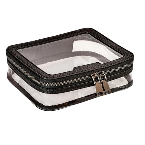 Waterproof Clear PVC Toiletry Bag - Travel Makeup and Wash Organizer With Zipper for Bathroom - Vegan Leather Cosmetic Organizer for Men & Women (Black)