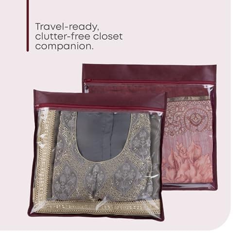 Fineway 20 Pack Saree Storage Bags with Zip – Space saving Clear Zip Bag, Clothes Bag Organiser for Sarees, Dresses & Clothes – Moisture-Resistant Saree Bags Clothing Storage (Maroon, 42x35cm) — view 6