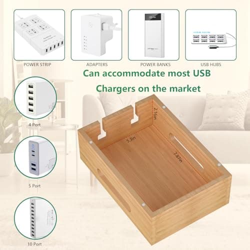 Deefielly Bamboo Charging Stations for Multi Devices with 5 Port USB Charger, 6 Cables, Desktop Wood Docking Station Charger Organizer for Cell Phones, Tablets,Earphone, Watches — view 5