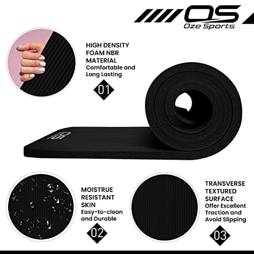 OZE SPORTS Yoga Mat, NBR Foam, Extra Thick, Non-Slip, High Density, Large, for Pilates, Gymnastics, HiiT and Fitness, with Carry Strap (Black) — view 2
