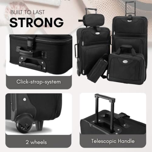 Monzana® 5-Piece Soft Shell Luggage Set Lightweight, Lockable, Wheels Black — view 3