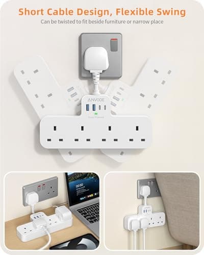 Multi Plug Extension Socket with 4 USB (2 Type C), ANVODE 4 Way Plug Adaptor with Short Cable, Adapter Plug UK Turn 1 to 8, Short Extension Lead Power Strip for Bedroom, Office, Kitchen. White — view 6