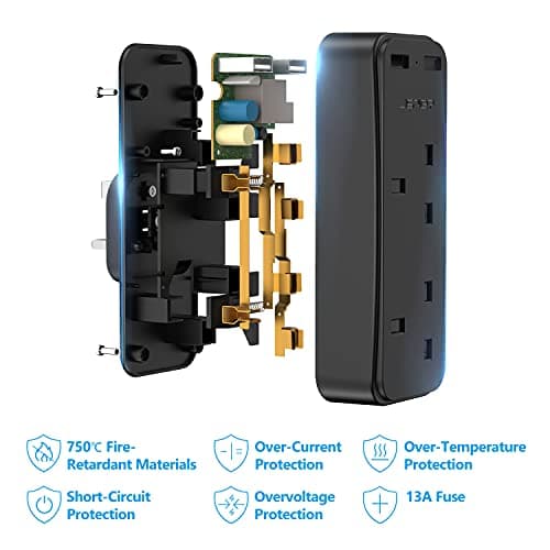 JSVER Double Plug Adapter with 2 USB Charging ports,Multi Sockets Plugs Extension Wall Charger Adapter 13A Power Socket for Travel, Home and Office, Black — view 5