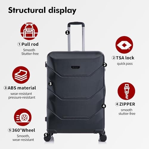 Rocklands® Medium Suitcase Hard Shell Thick ABS with TSA Combination Lock, 4 Dual Spinner Wheels, Lightweight Luggage Durable Travel Trolley Case (Black, Medium 24 Inch) — view 3